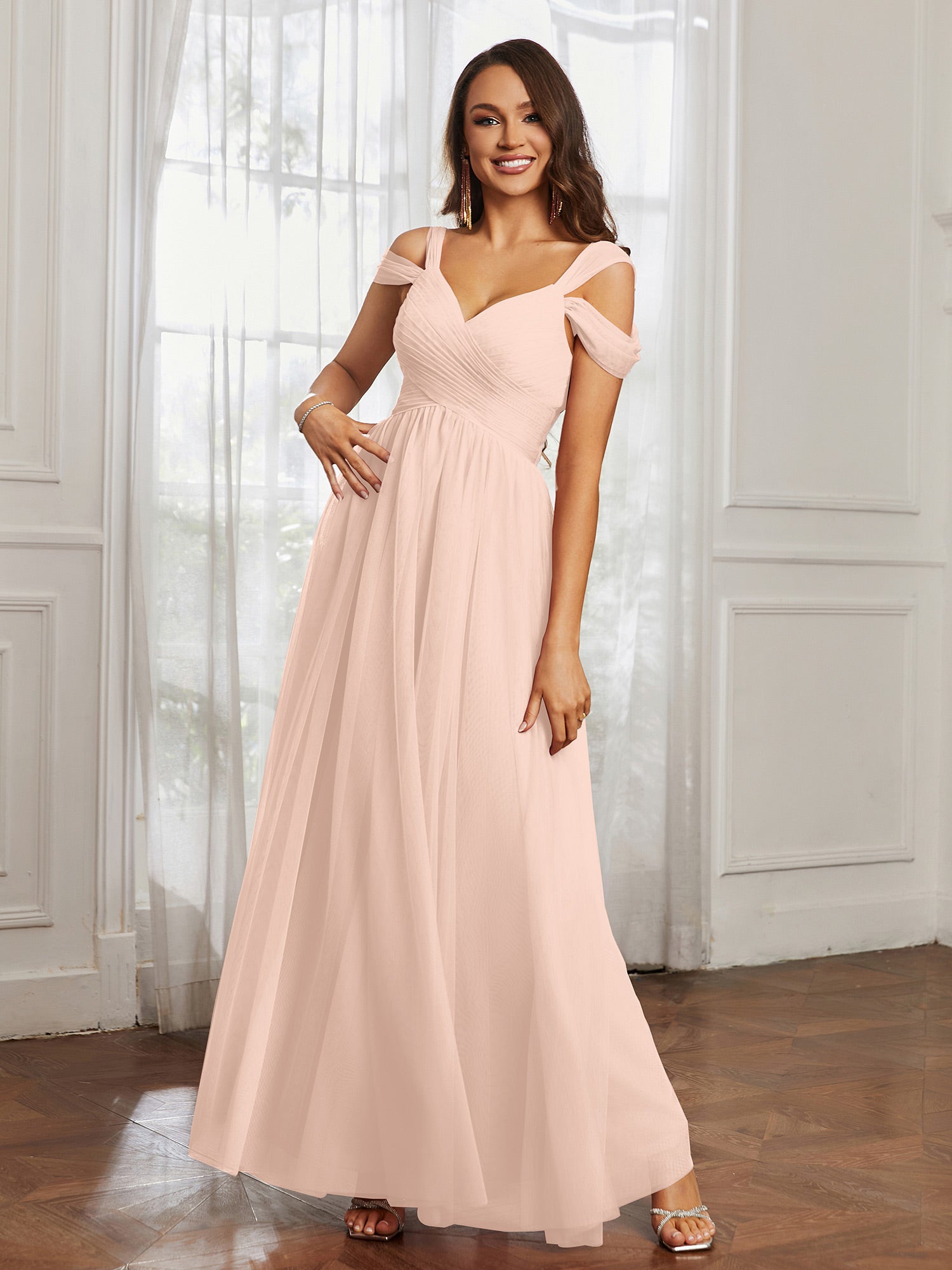 Off-the-shoulder Ruched Tulle A-line Dress Pearl Pink